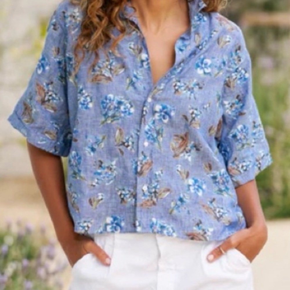 Frank & Eileen Rosie 100% Linen Cropped Floral Short Sleeve Button Down Shirt M